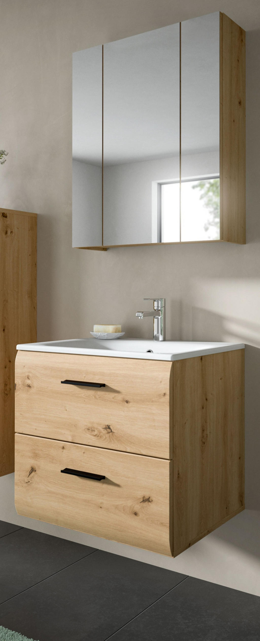 BADMÖBEL-SET 2-teilig Eiche Artisan, Badkombination 60 cm inklusive Waschbecken, Cover - Schwarz/Eiche Artisan, Glas/Keramik (60/185/46cm) - Inn.Furn