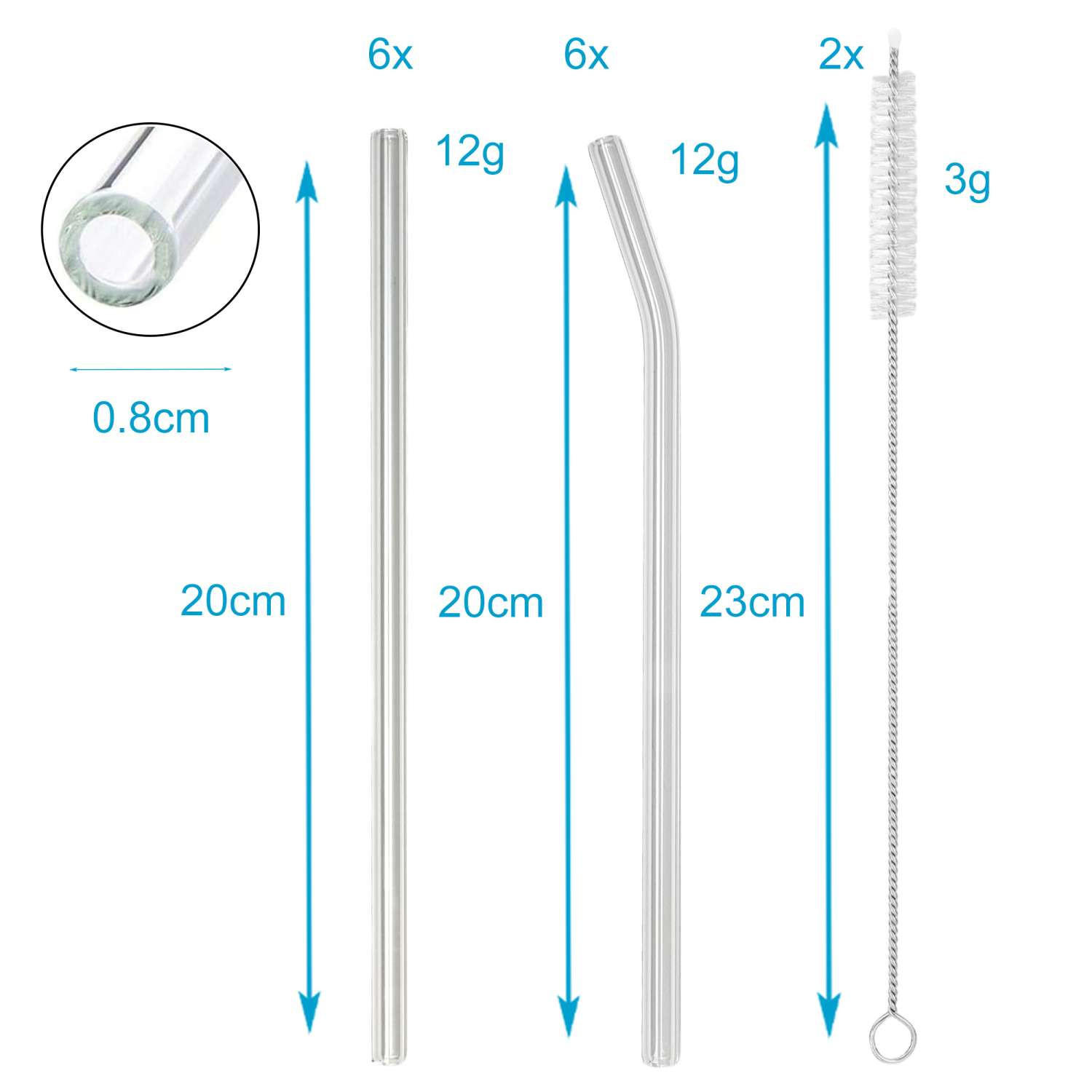 STROHHALM-SET mit 2 Bürsten und Aufbewahrungstasche (15-tlg) - Transparent, Glas (0.8/1cm) - Intirilife
