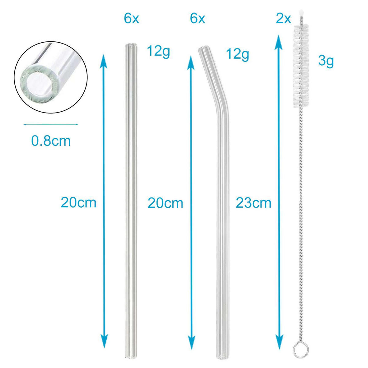 STROHHALM-SET mit 2 Bürsten und Aufbewahrungstasche (15-tlg) - Transparent, Glas (0.8/1cm) - Intirilife