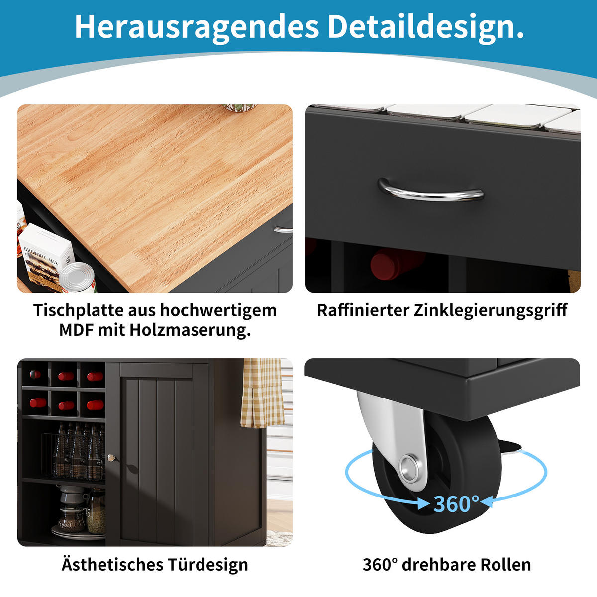 SERVIERWAGEN 102x45x92cm Schwarz mit Weinregal,Trennwänden & Lenkrollen - Schwarz, Holzwerkstoff (102/92/45cm) - Modfu