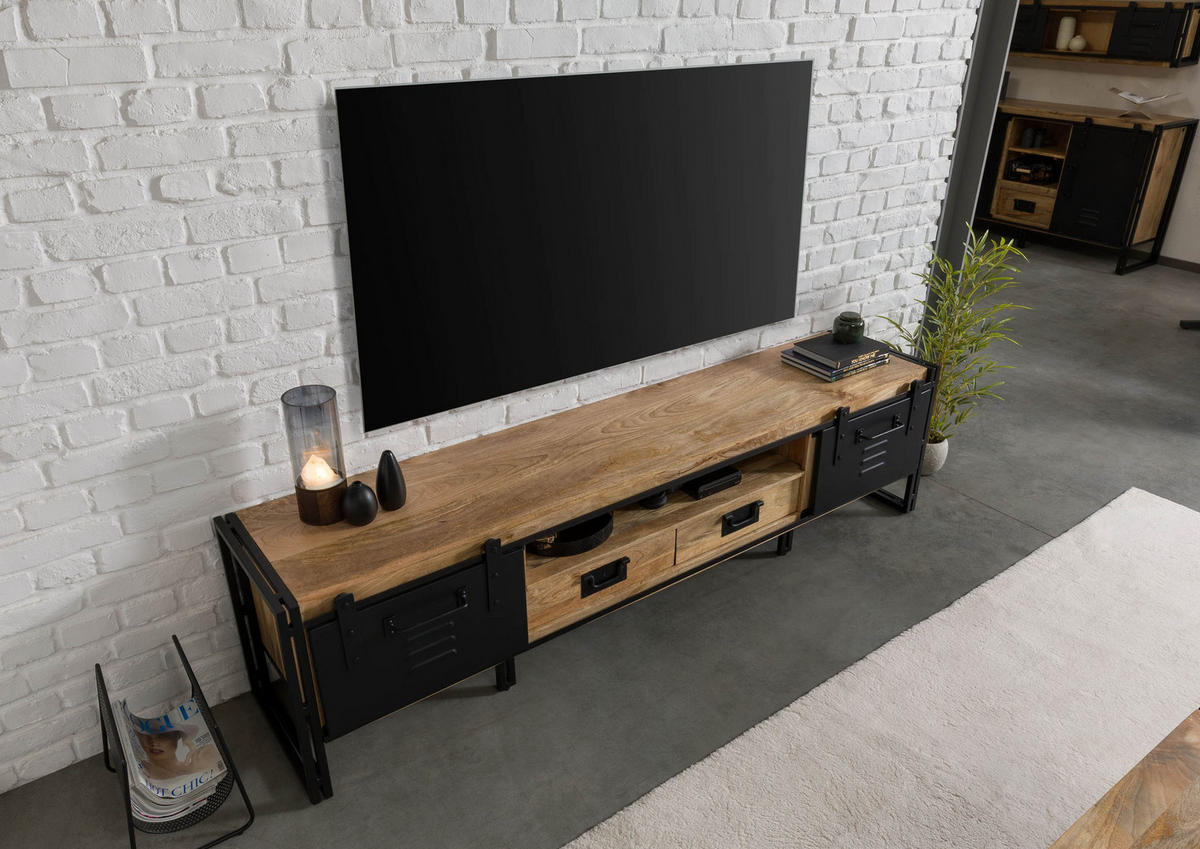 TV-BOARD Mango 220x45x55 natur klar lackiert / Metall schwarz BLACKBURN #112 - Naturfarben, Holz (220/55/45cm) - Massivmoebel24