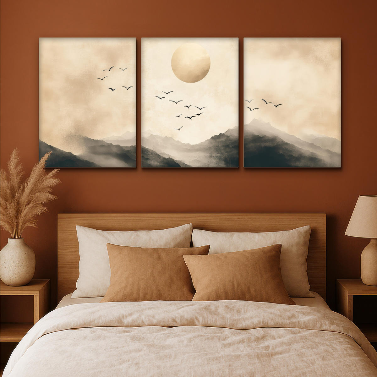 LEINWANDBILD 3er Set Landschaft - Japandi - Beige - Vögel 180x80 cm - Beige, Textil (180/80cm) - MuchoWow