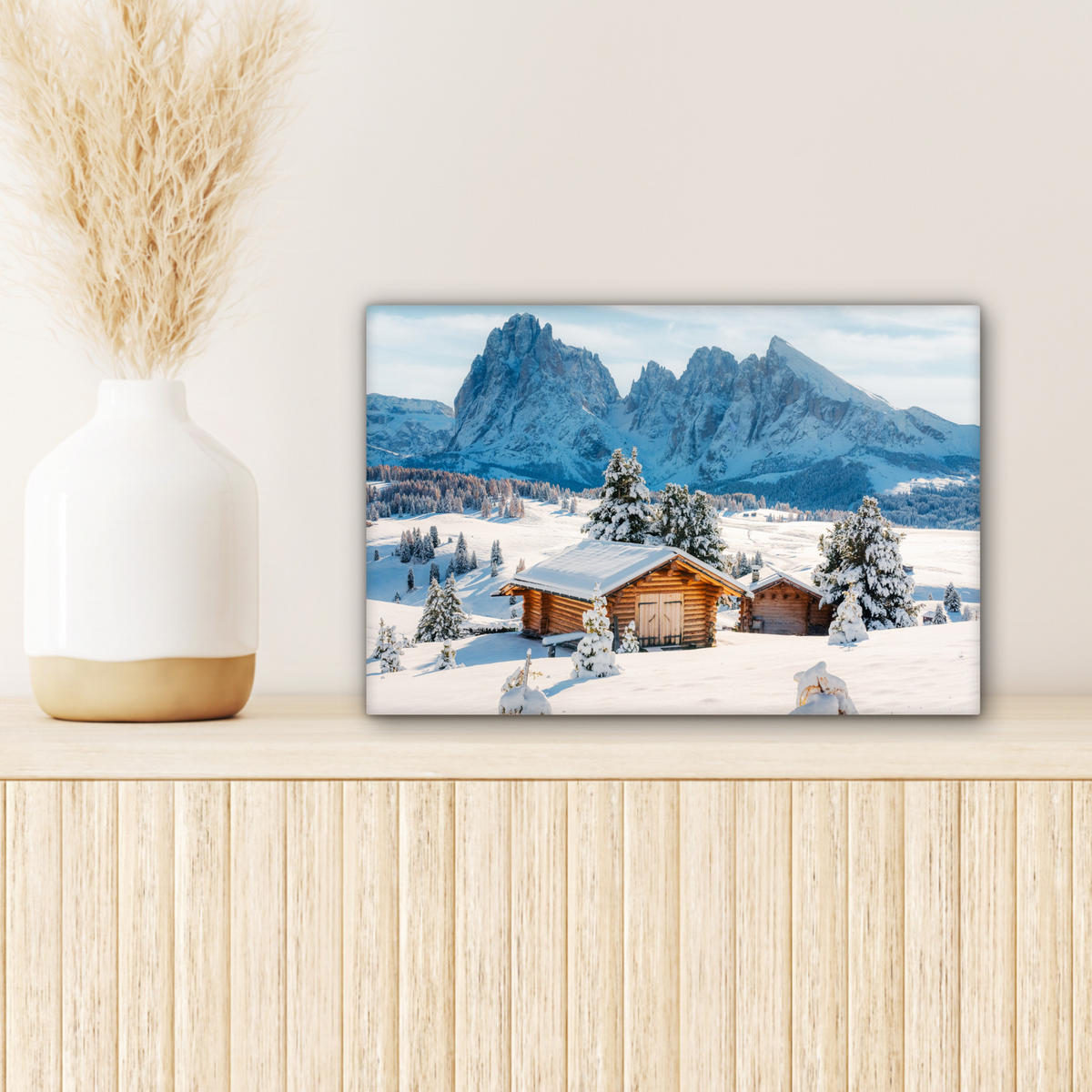 LEINWANDBILD Winter - Hütte - Berge - Aussicht - Schnee Deko Schlafzimmer 30x20 cm - Eichefarben, Textil (30/20cm) - MuchoWow