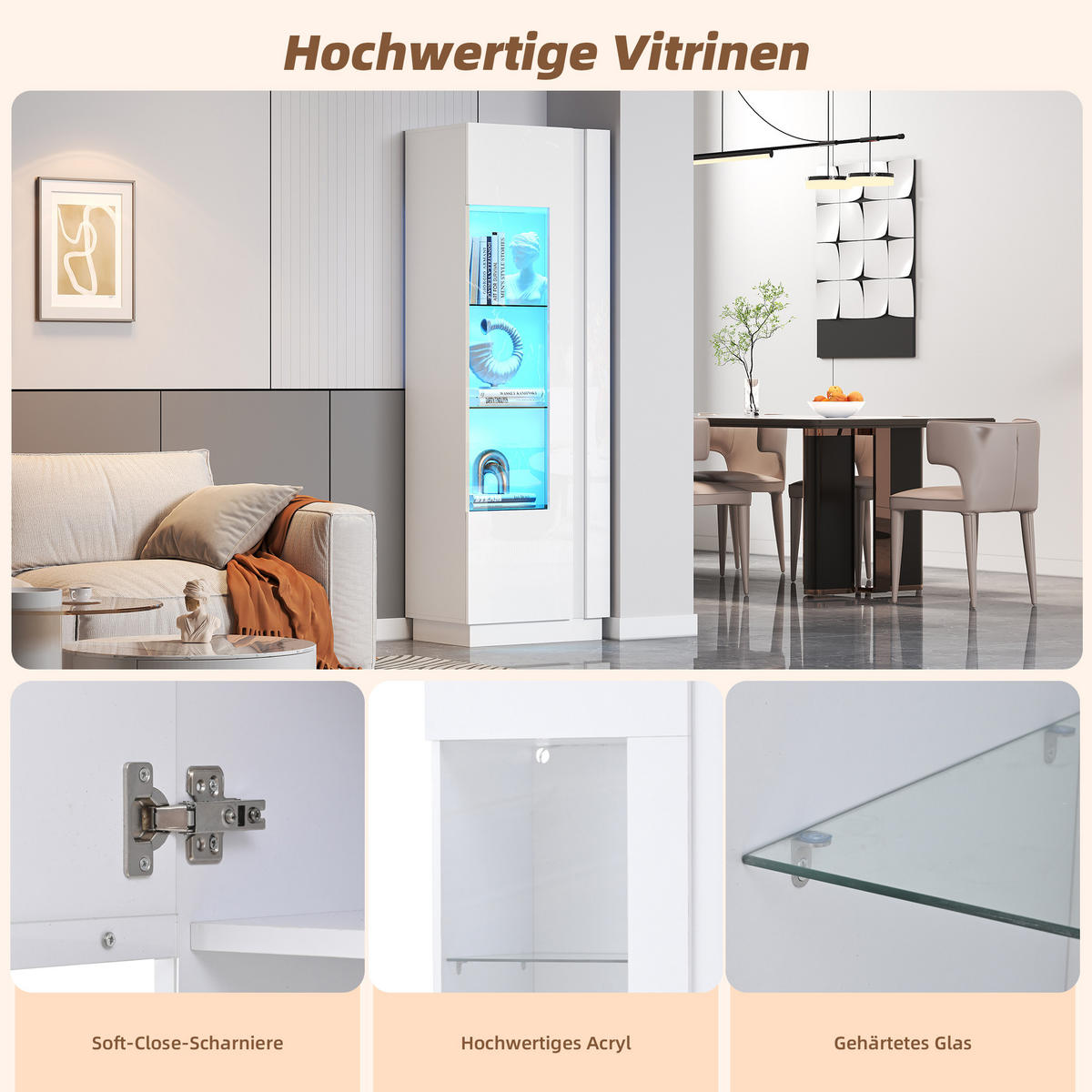 VITRINE 60/40/180 cm weiß aus Holzwerkstoff mit LED und Acrylfront - Weiß, Holzwerkstoff (60/180/40cm) - OKWISH