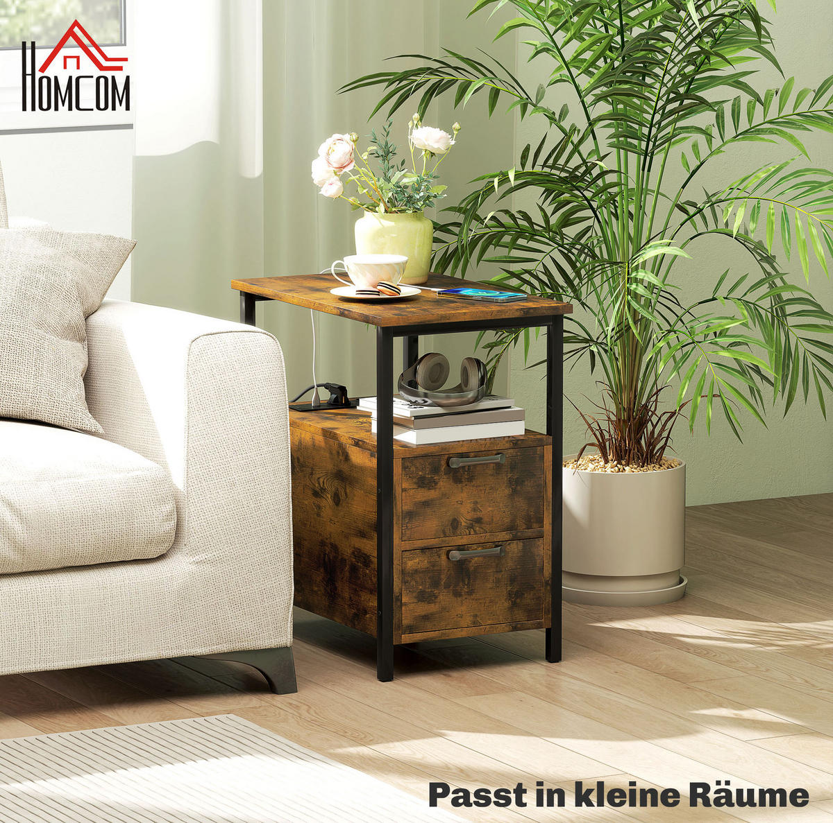 BEISTELLTISCH 55/35/58,5 cm in Braun mit 2 Schubladen und Ladestation - Braun, Holzwerkstoff (55/35/58.5cm) - Flora Grace