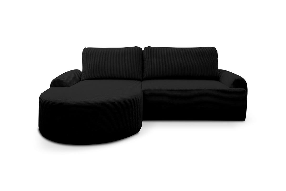 ECKSOFA Dream Cord in L-Form mit Schlaffunktion und Bettkasten, Farbe: Schwarz, Cordstoff, Ottomane Links - Schwarz, Textil (136/260cm) - VENASI MÖBEL