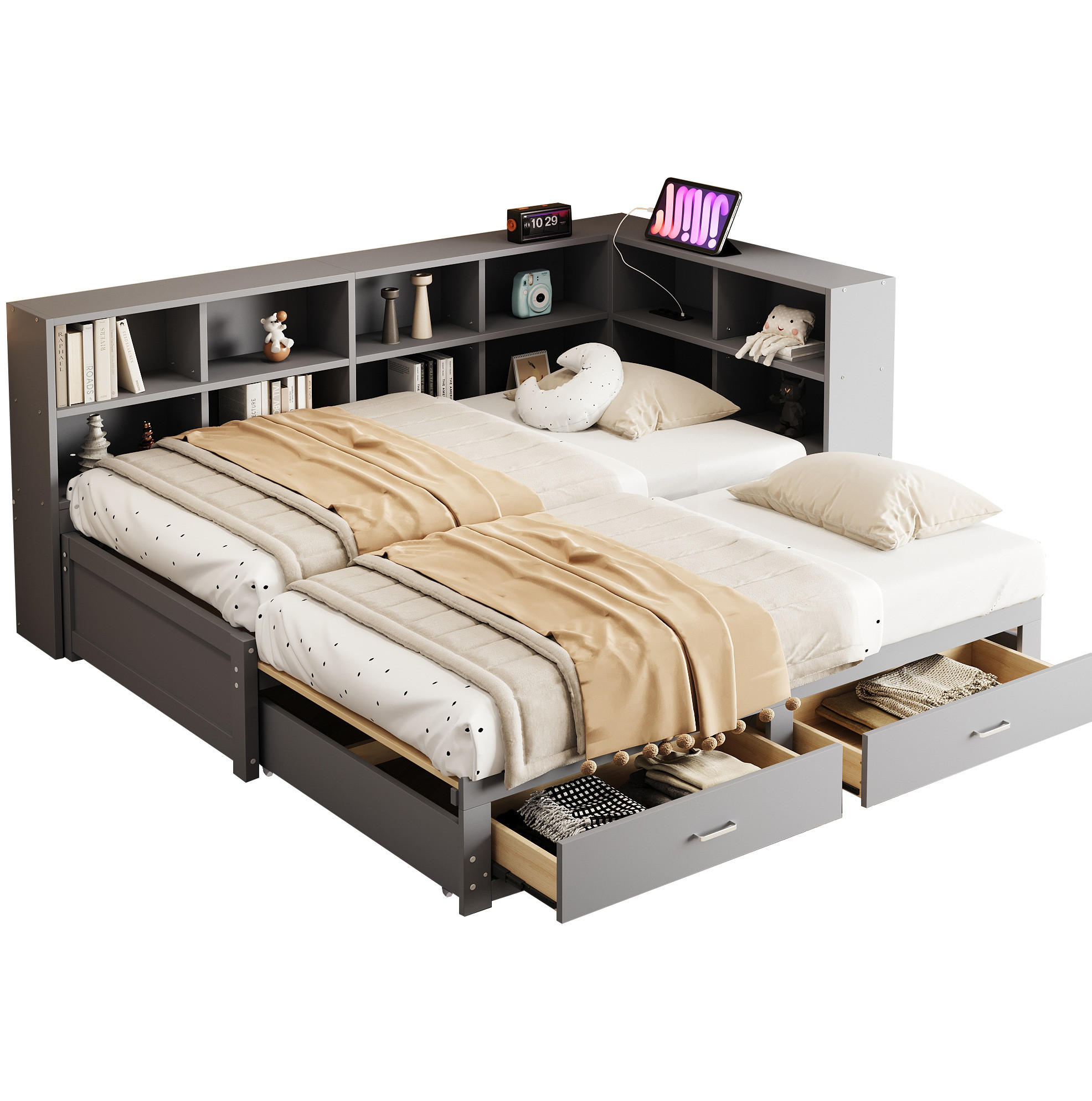 AUSZIEHBETT 90/180×190 cm Grau aus Holz mit Stauraum und Steckdose - Grau, Holzwerkstoff (90/190cm) - Flora Grace
