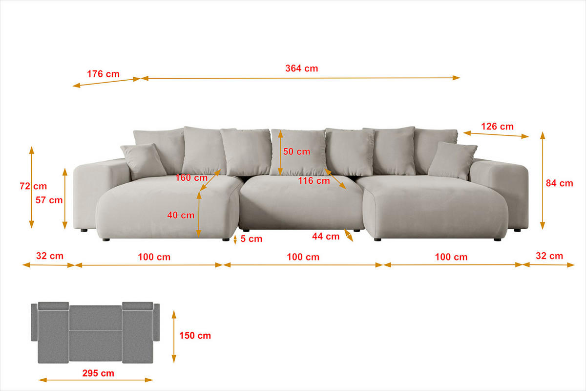 WOHNLANDSCHAFT mit Schlaffunktion ESKAR-U -364x176x84cm Hellbraun Velours - Hellbraun/Schwarz, Holzwerkstoff/Kunststoff (364/84/176cm) - ALTDECOR