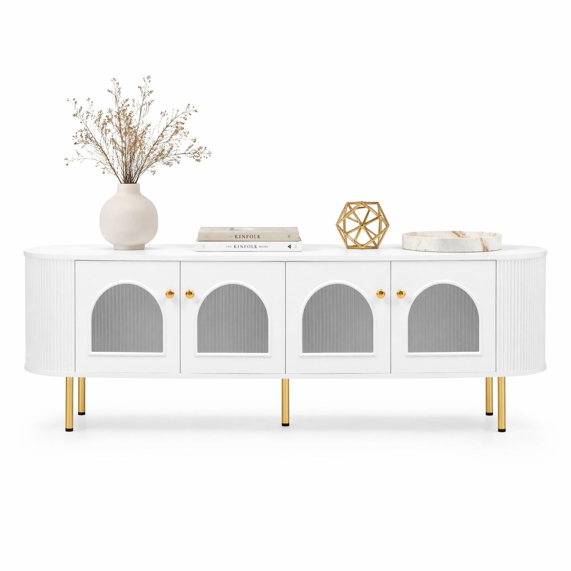 LOWBOARD in Weiß und Gold TV-Schrank mit Glastüren für Wohnzimmer, B170/T35/H55 cm - Goldfarben/Weiß, Glas/Holzwerkstoff (170/55/35cm) - STILVORA