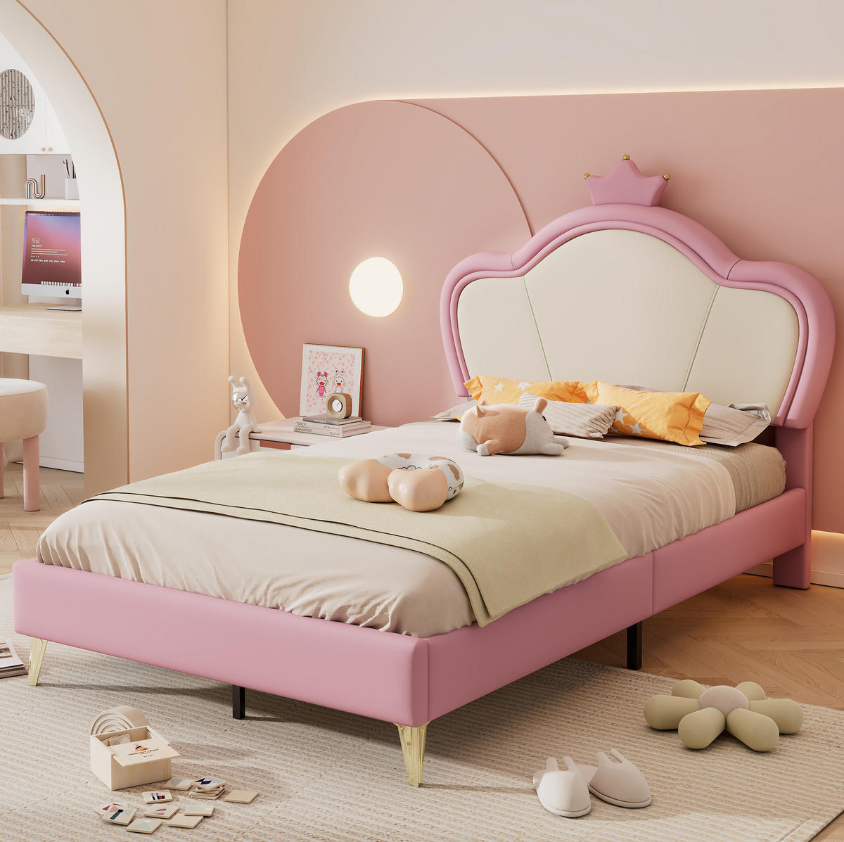 POLSTERBETT aus PU 90x200 cm Rosa/Weiß mit gepolstertem Kronen-Kopfteil und weichen Schutzkanten - Weiß, Kunststoff (90/200cm) - Modfu