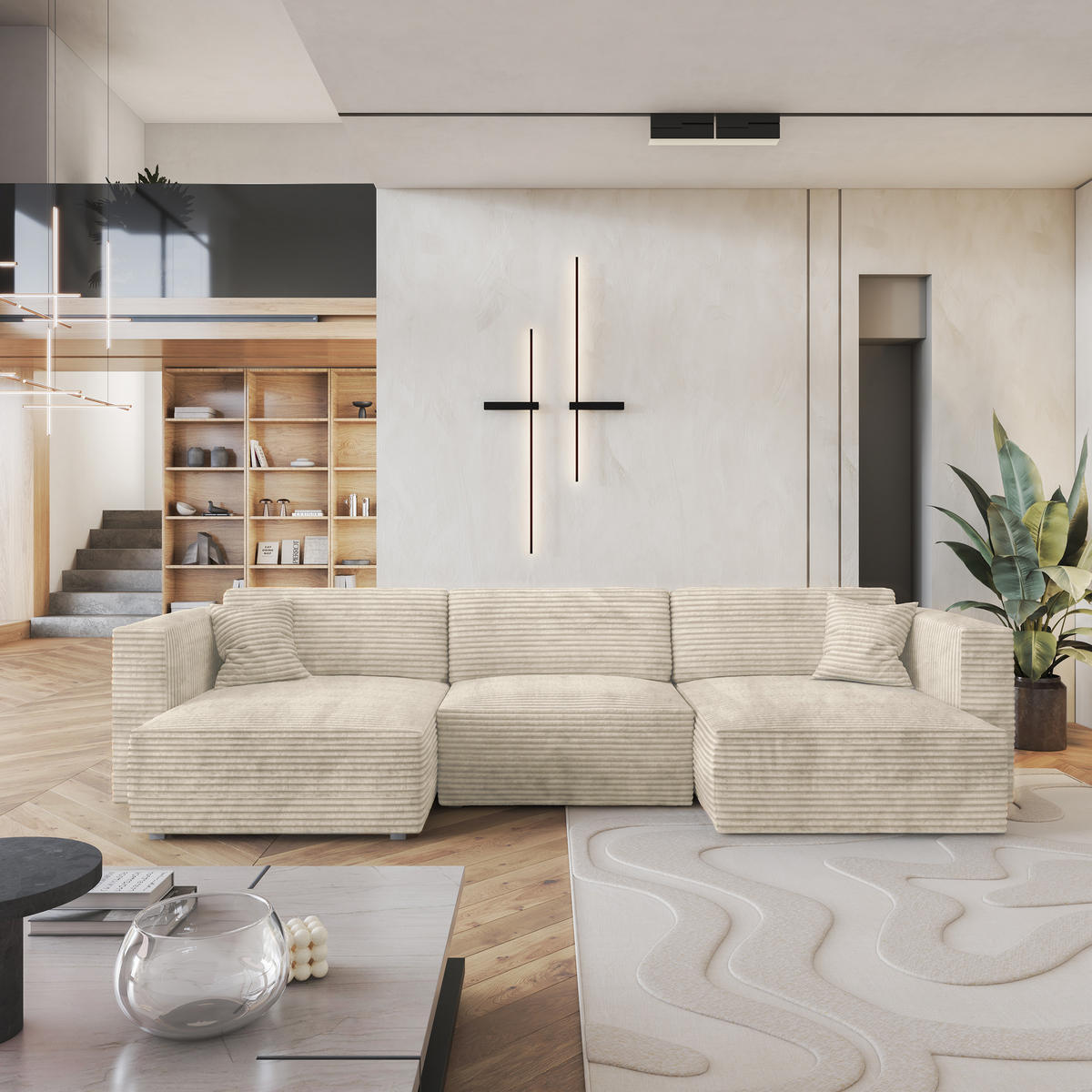 ROHOVÁ SEDAČKA SARMO krémová - šedá/krémová, dřevo/textil (347/148cm) - MASSENO