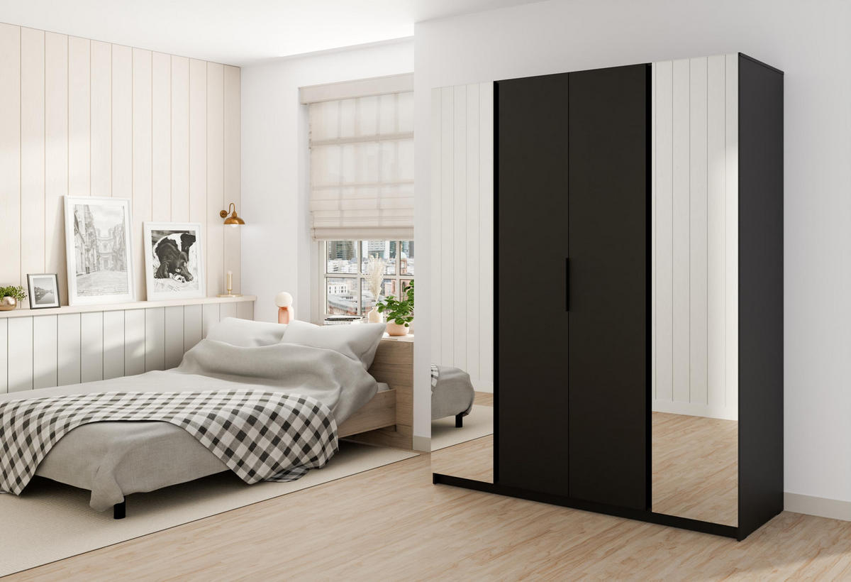 KLEIDERSCHRANK Nehir Schwarz 200 cm - 4T Modern mit 2 Spiegeln außen - Schwarz, Holzwerkstoff/Kunststoff (200/239/61.9cm) - AX Living