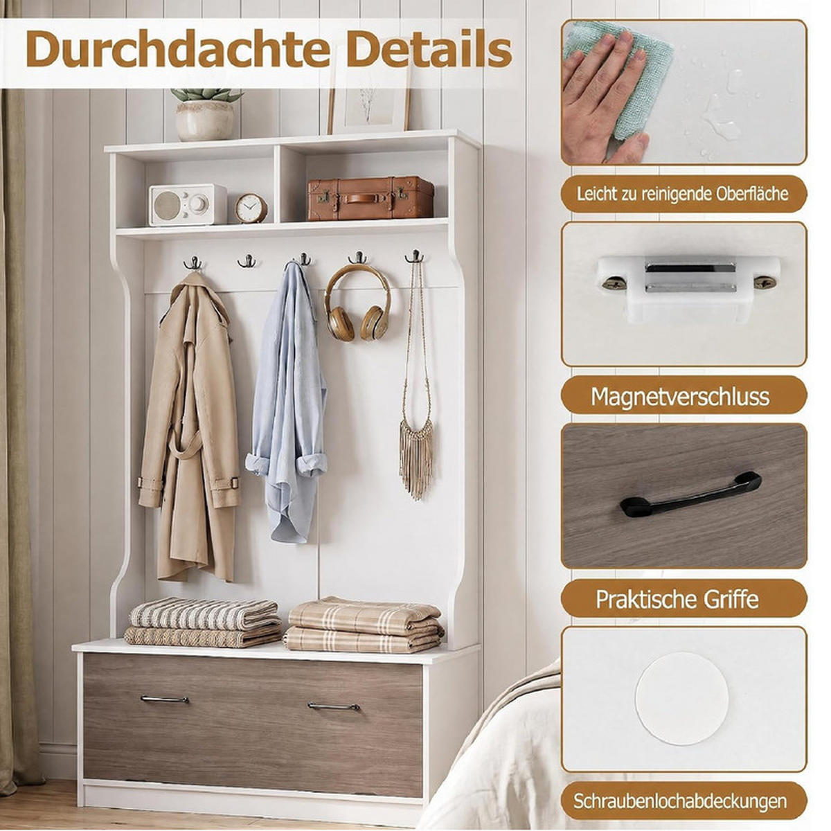 GARDEROBENSTÄNDER mit Schuhschrank weiß - Weiß, Holzwerkstoff (100/180/71cm) - COSTWAY