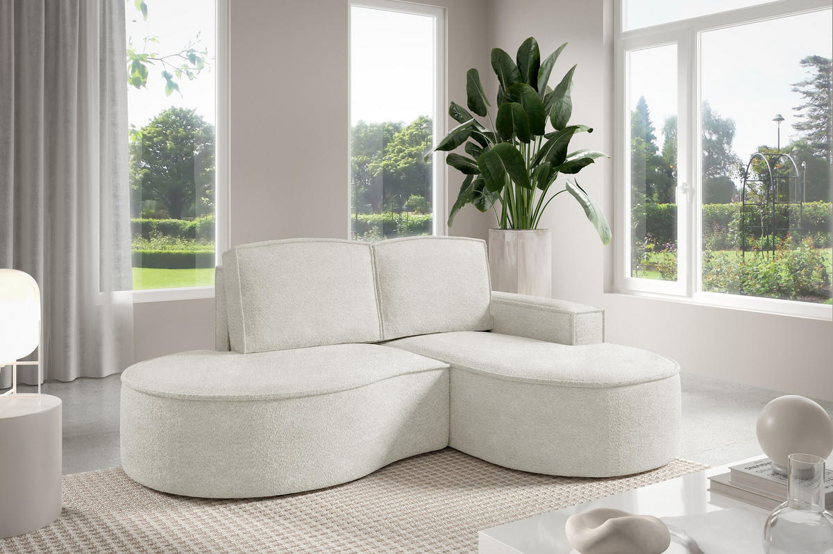 ECKSOFA MOLLY – Halbkreisförmig, Abriamo-Bouclé, Lose Kissen, Bouclé-Bezug, 210x157x88 cm, Rechts, Weiß - Weiß, Holz/Textil (210/157cm) - DomoHome