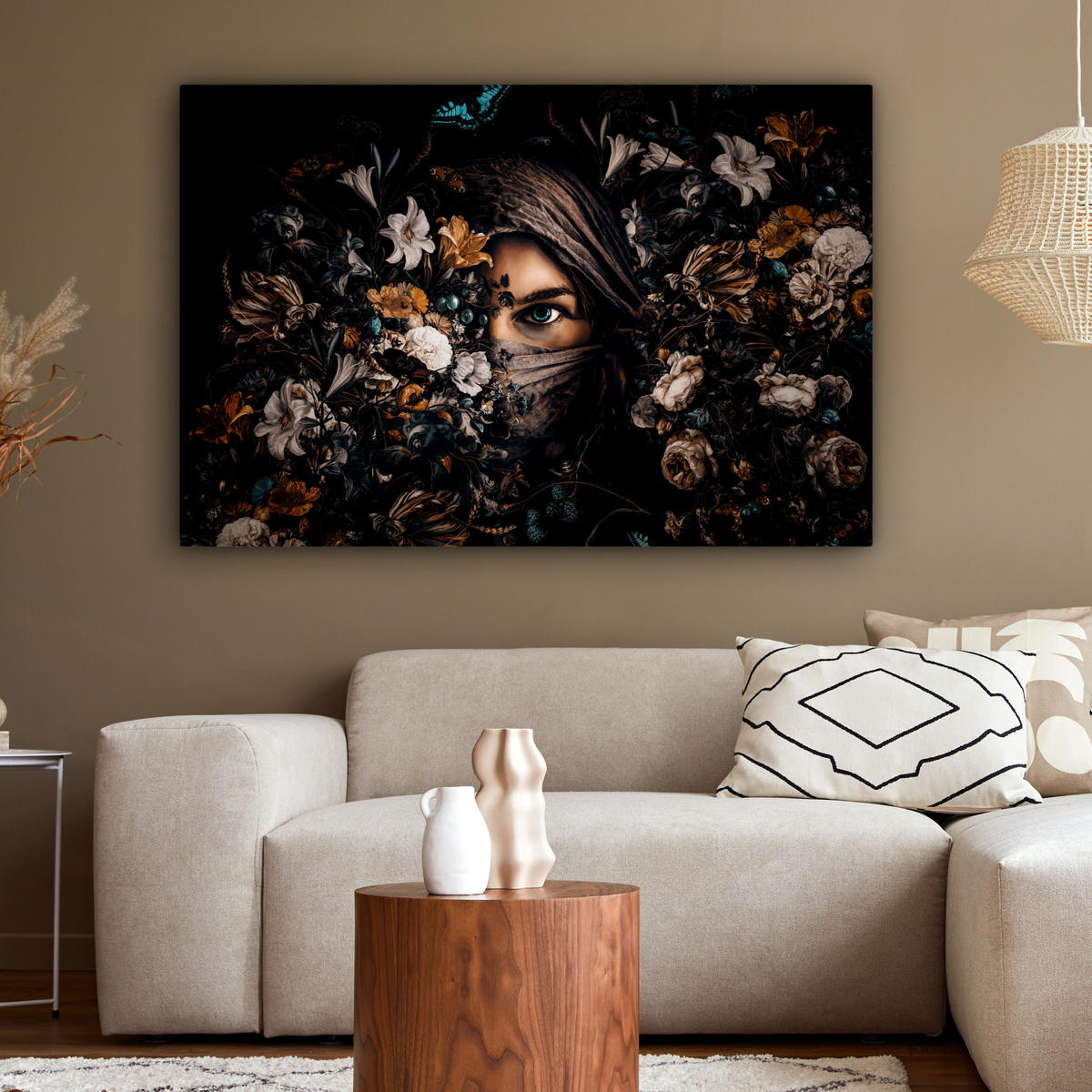 LEINWANDBILD Frau - Luxus - Blumen - Schmetterling - Porträt XXL 150x100 cm - Schwarz, Textil (150/100cm) - MuchoWow