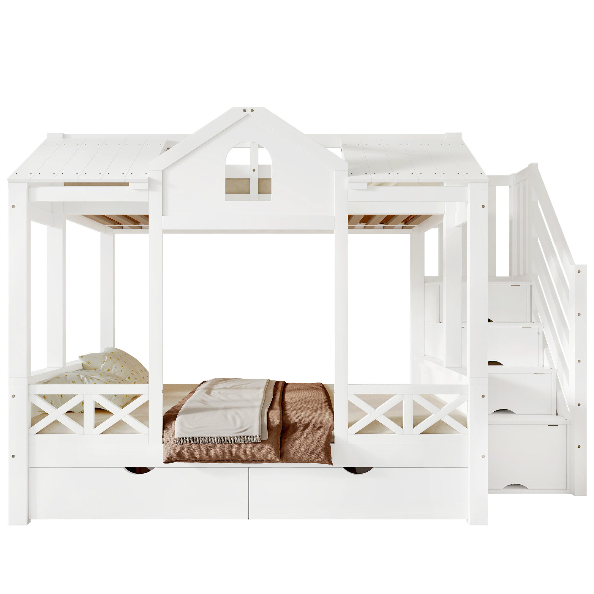 ETAGENBETT 90x200cm & 140x200cm, Treppenhausschrank mit 4 Staufächern, Weiß - Weiß, Holz (140/200cm) - KOMHTOM