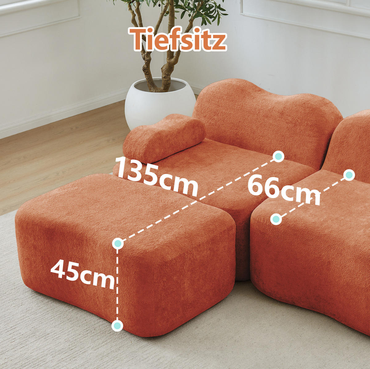 ECKSOFA 288/167/70 cm modular Orange aus Samt mit tiefer Sitzfläche und 2 Hockern - Orange, Textil (167/288cm) - OKWISH