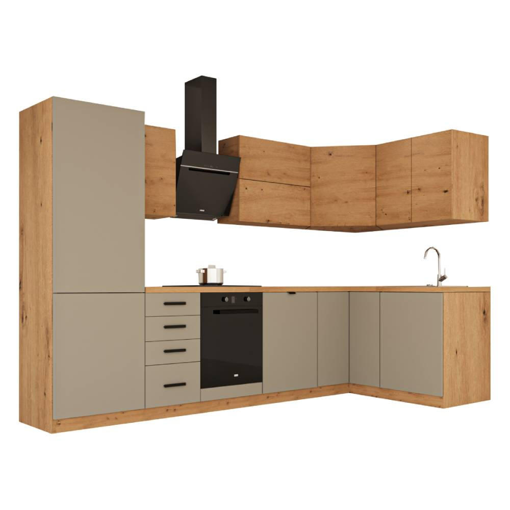 WINKELKÜCHE 300 cm x 140 cm - Langen KL6-M300 - in Beige / Artisan Eiche - Beige/Schwarz, Holz/Holzwerkstoff (440/212/58cm)