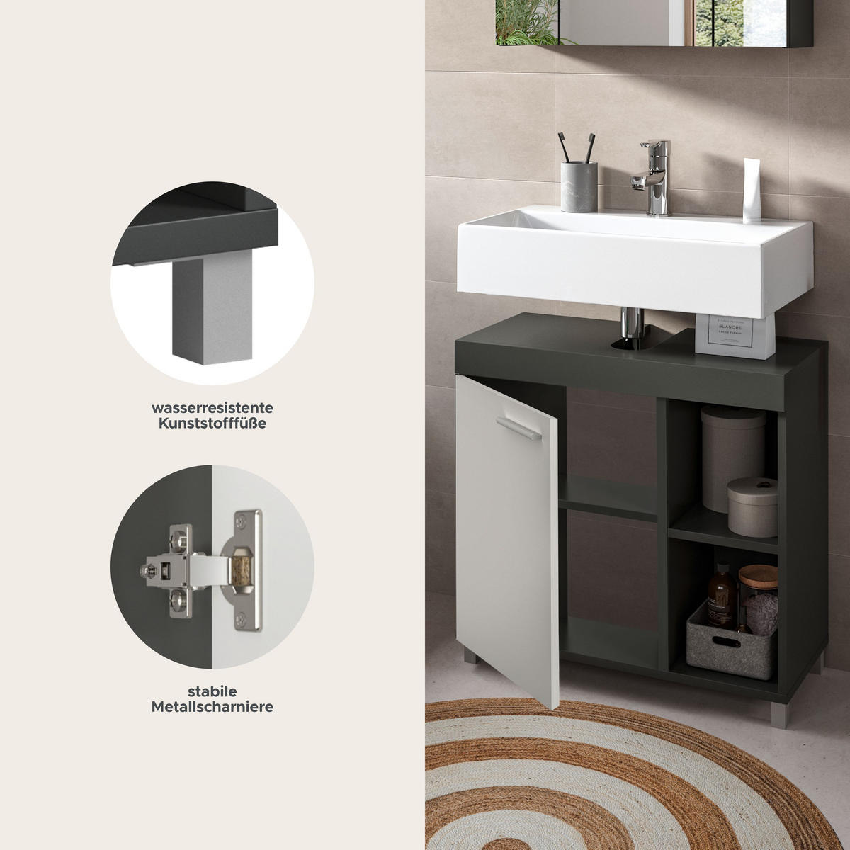 WASCHBECKENUNTERSCHRANK NOAH (B/H/T: ca. 65/63/31 cm) in anthrazit/weiß - Anthrazit, Holzwerkstoff (65/63/31cm)