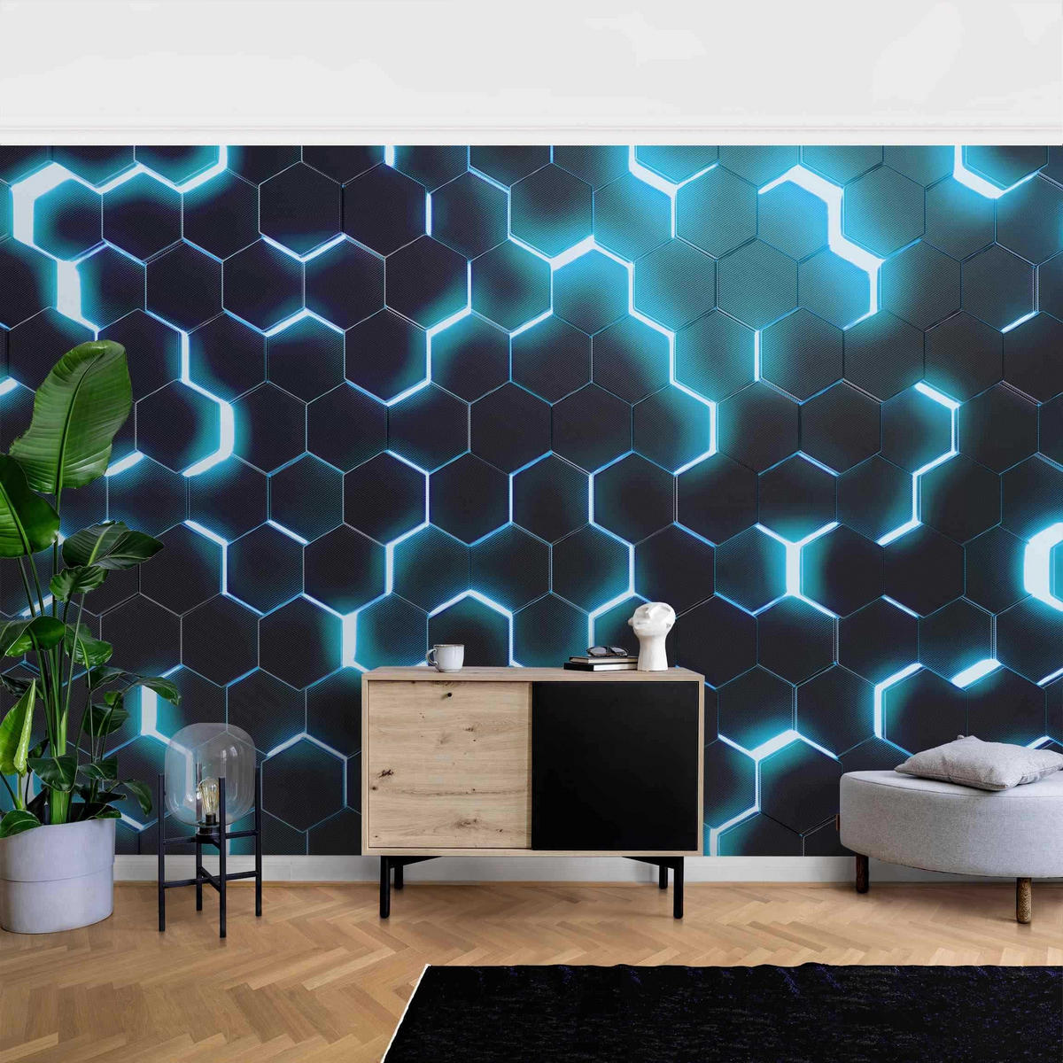 FOTOTAPETE Strukturierte Hexagone mit Neonlicht in Türkis 288/190 cm - Schwarz, Papier (288/190cm) - Bilderwelten