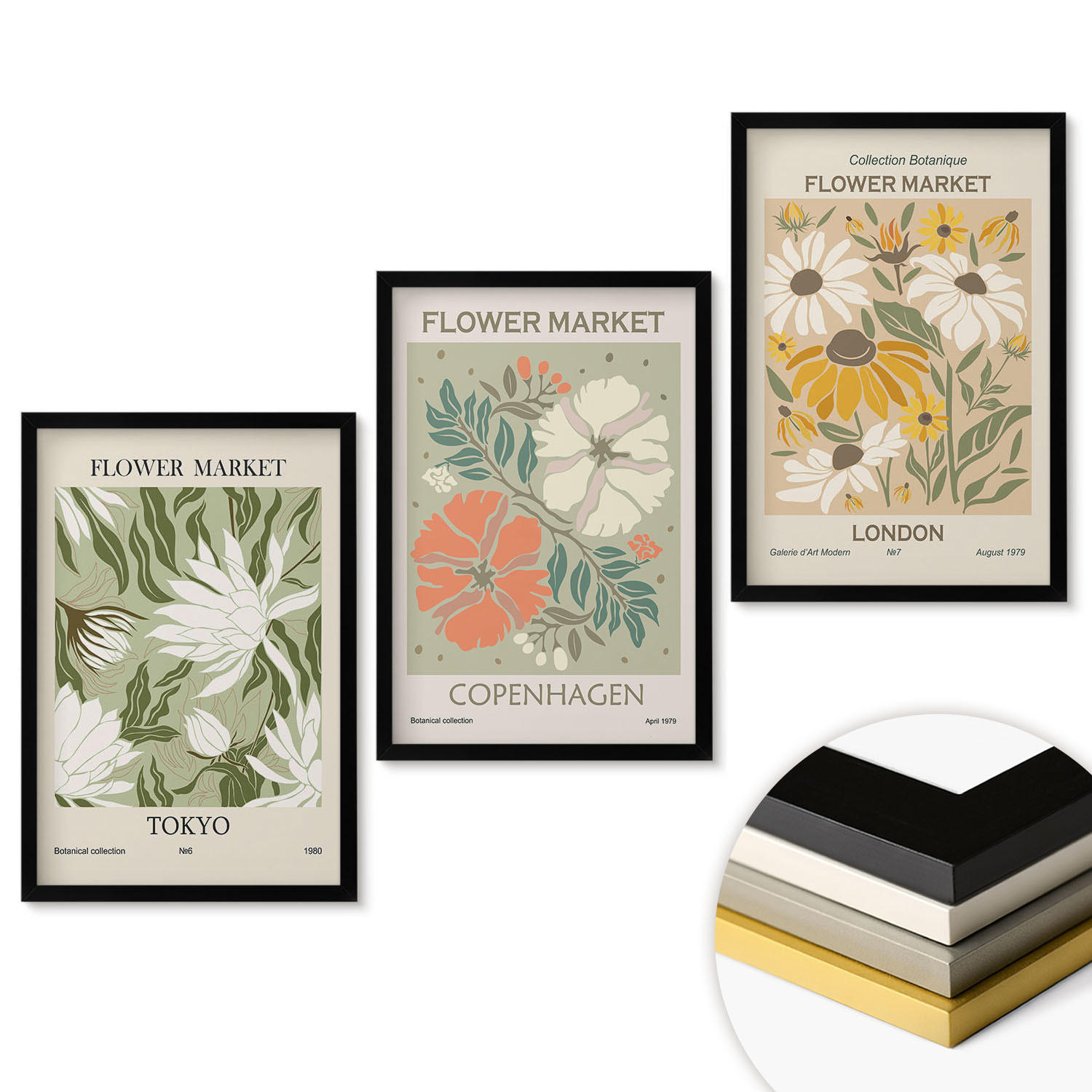 WANDBILDER 3er-Set - 40x60 cm Schwarzer Rahmen - Blumenmotive aus Städten auf der ganzen Welt - Schwarz, Kunststoff (40/60cm) - ArtPrintCave