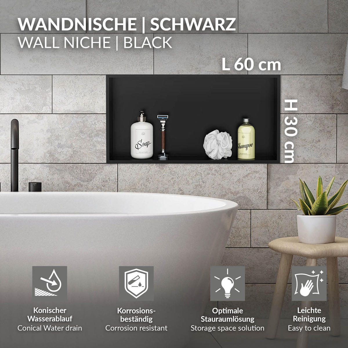 DUSCHNISCHE Schwarz 60/30 cm - Schwarz, Metall (60/30/10cm) - LuxeBath