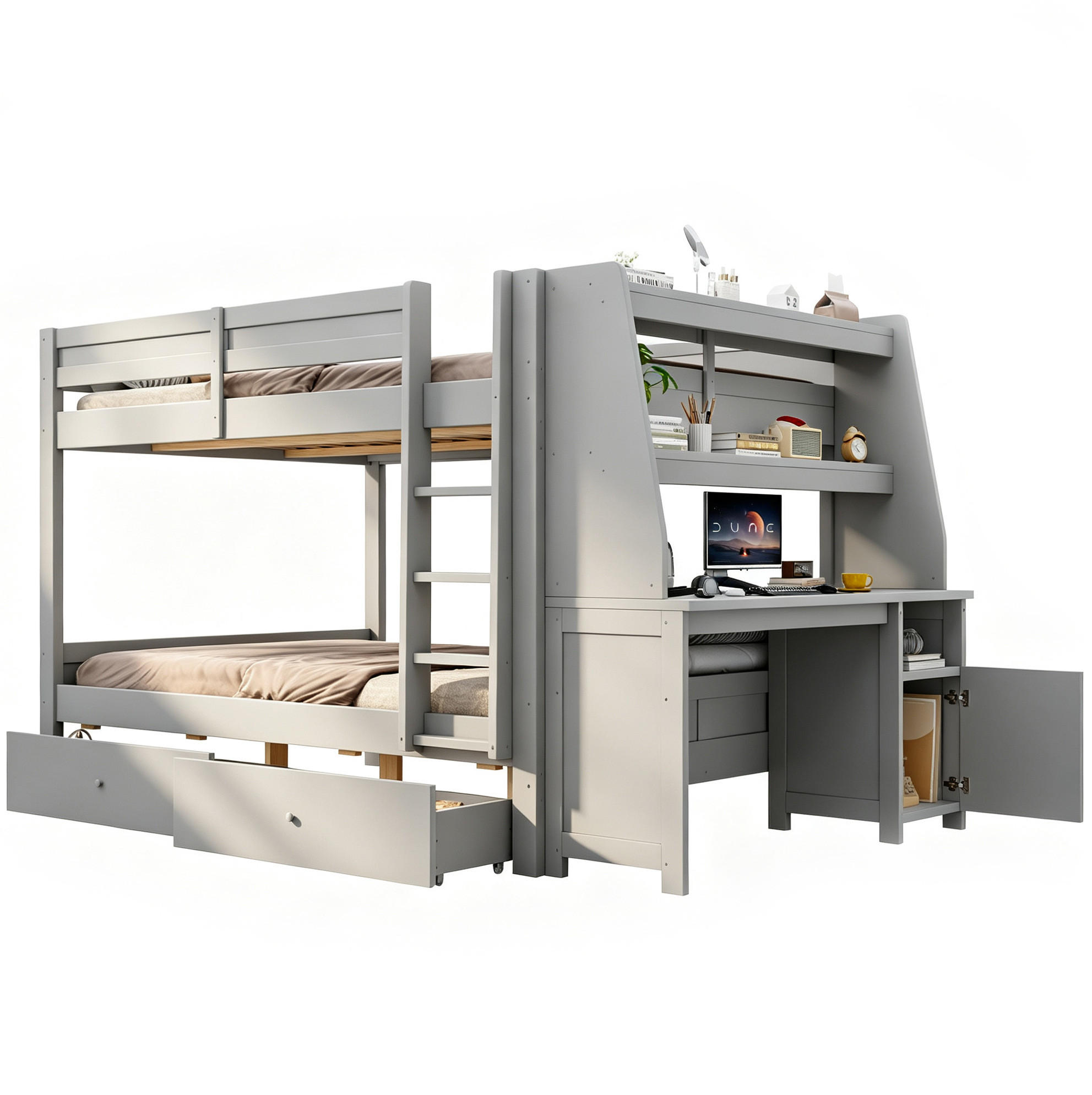 ETAGENBETT aus Holz 140x200 cm Grau mit Schreibtisch, Stauraum, Schubladen und Sicherheitsgeländer - Grau, Holz (140/200cm) - Modfu