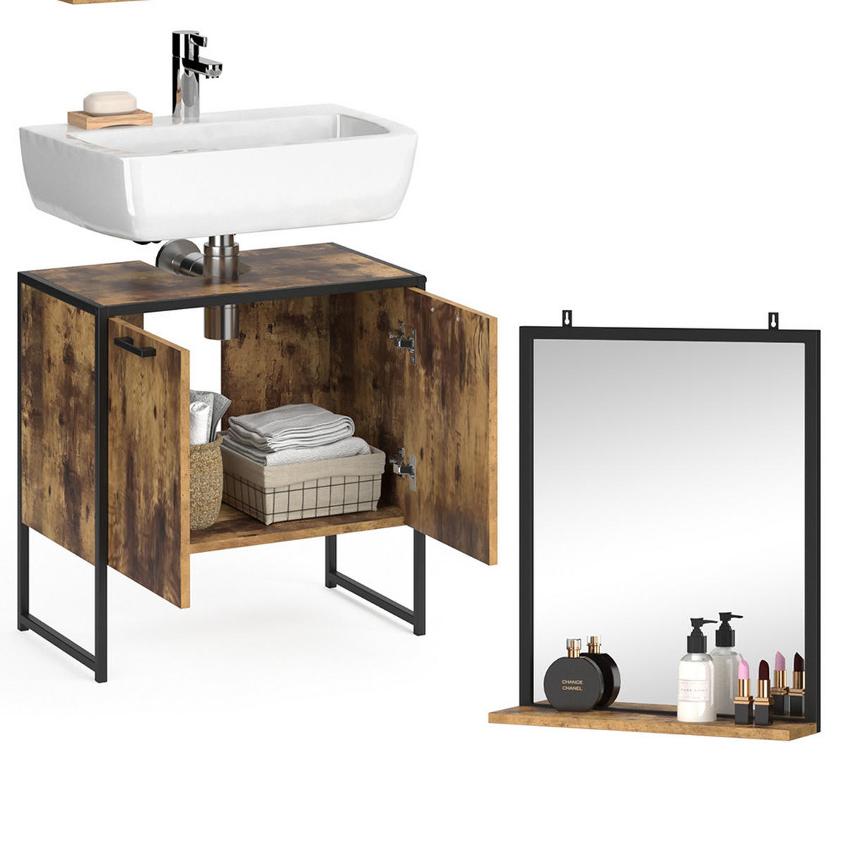 BADMÖBEL-SET Fyrk Antikholz 2 Teile - Alteiche/Schwarz, Holzwerkstoff (60/60/33cm) - Vicco