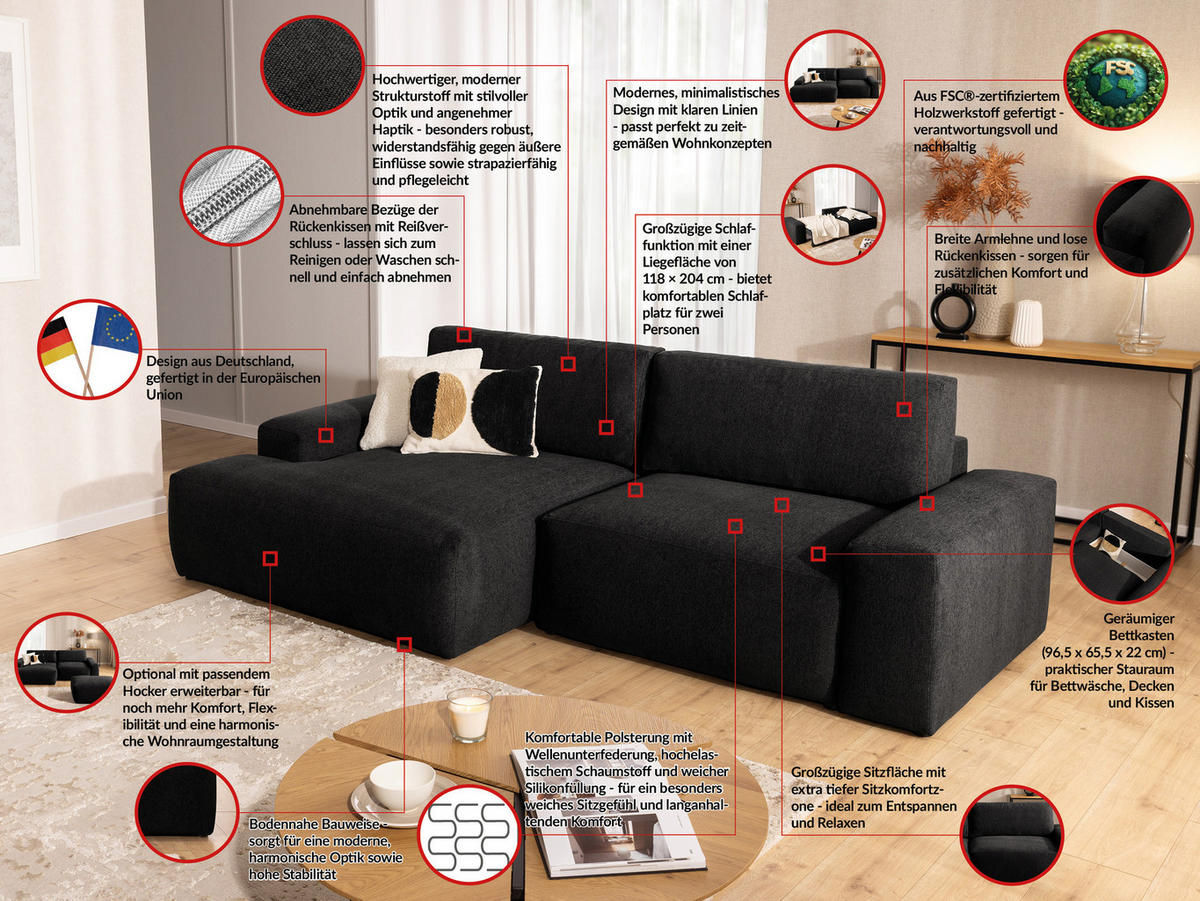 ECKSOFA Lennon aus Schwarz Strukturstoff mit Schlaffunktion und Bettkasten - Schwarz, Holz/Kunststoff (137/264cm) - S-Style