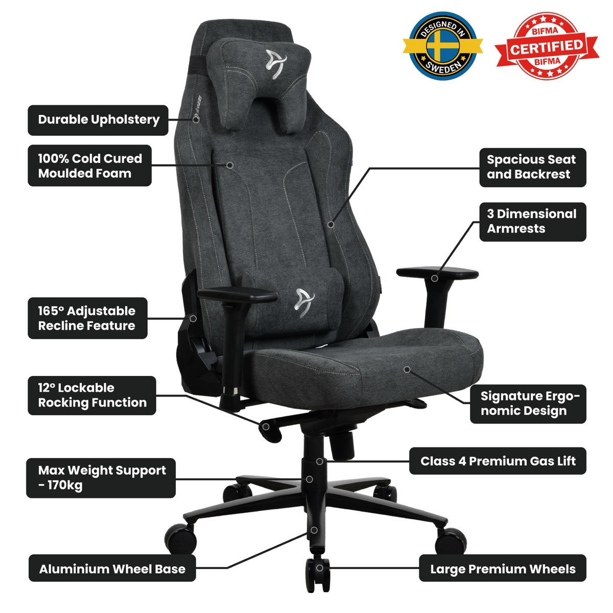 GAMINGSTUHL Vernazza XL Soft Fabric™ Dunkelgrau - Dunkelgrau/Schwarz, Textil/Metall (76/138/53cm) - Arozzi