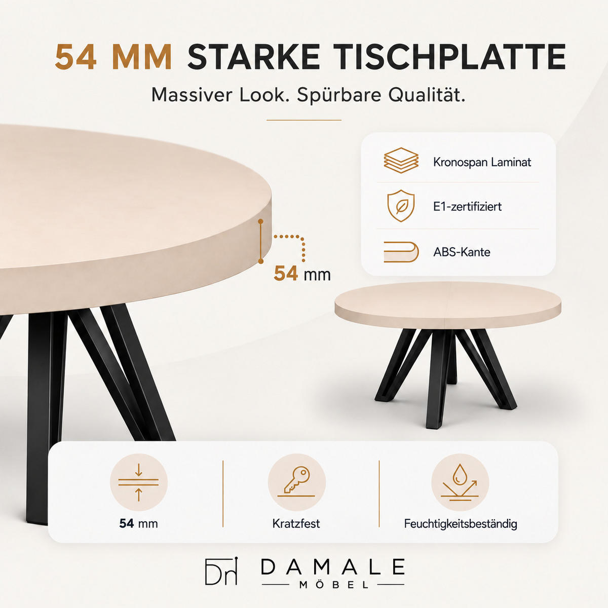 ESSTISCH rund ausziehbar 100/300/76 cm, Kaschmir, 54 cm Tischplatte + Industrial Metallgestell Schwarz - Kaschmir/Schwarz, Holzwerkstoff/Metall (100/300/76cm) - Damale Möbel