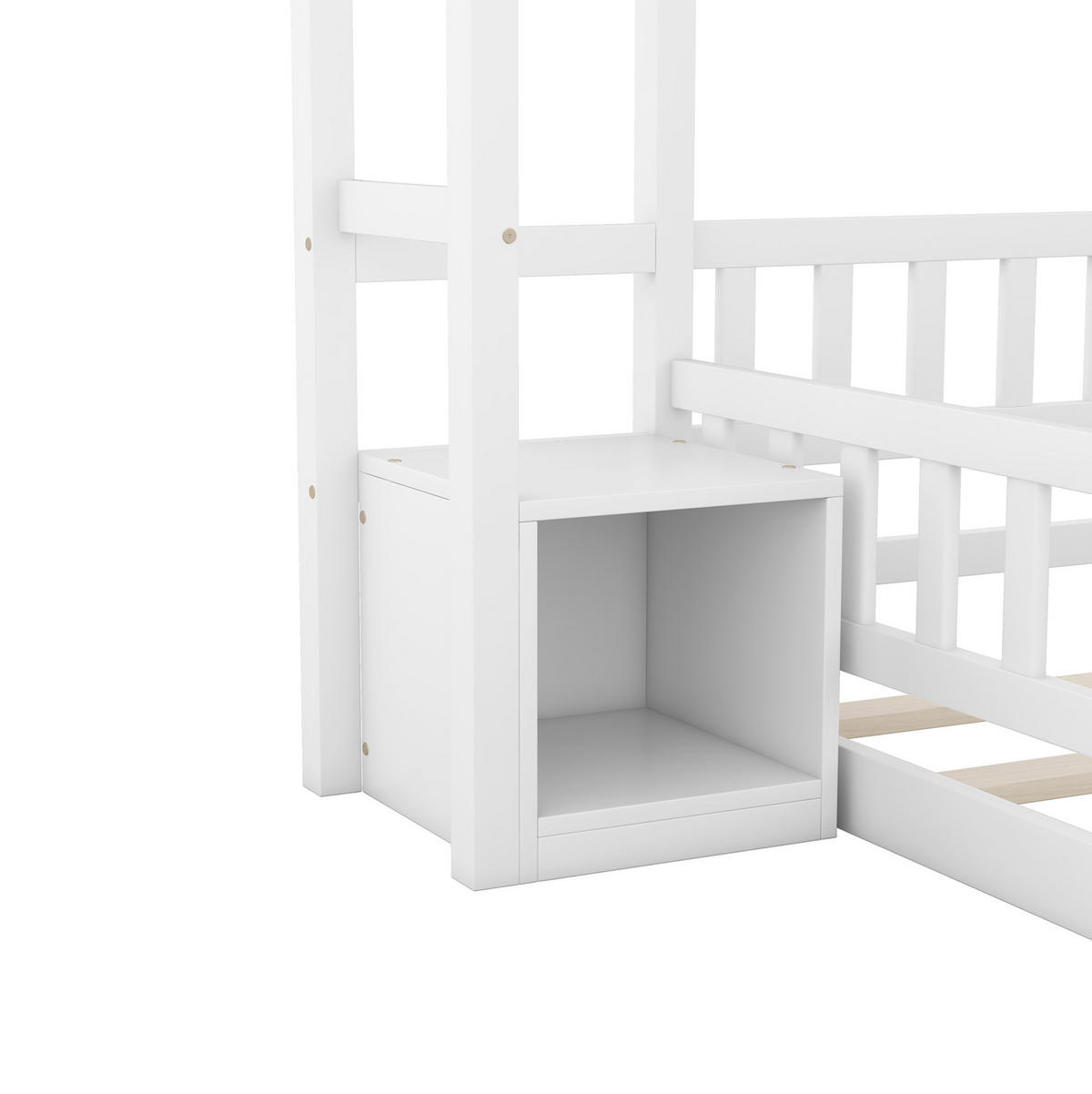 POSTELJA v obliki hiše 140/200 cm bela z ograjo in nočno omarico iz borovine in MDF - bela, les (140/200cm) - OKWISH