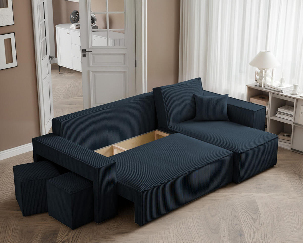 ECKSOFA PARIS mit Schlaffunktion und Bettkasten Marineblau - Dunkelblau, Holzwerkstoff/Kunststoff (262/145cm) - Idohome