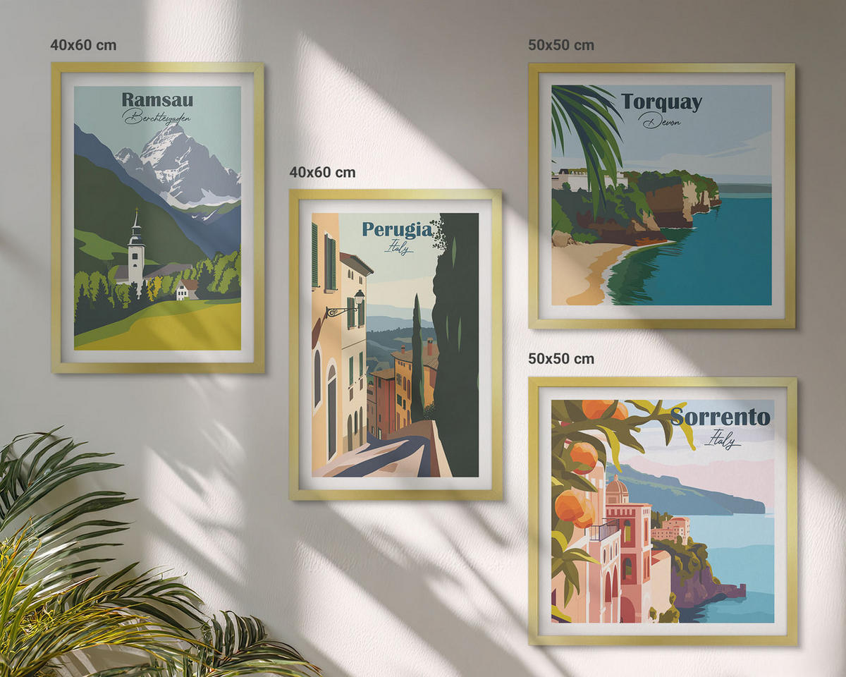 BILDER SET 4er Set - 50x50 cm & 40x60 cm Goldrahmen - Berglandschaften und Städte - Goldfarben, Kunststoff (50/50cm) - TULUP