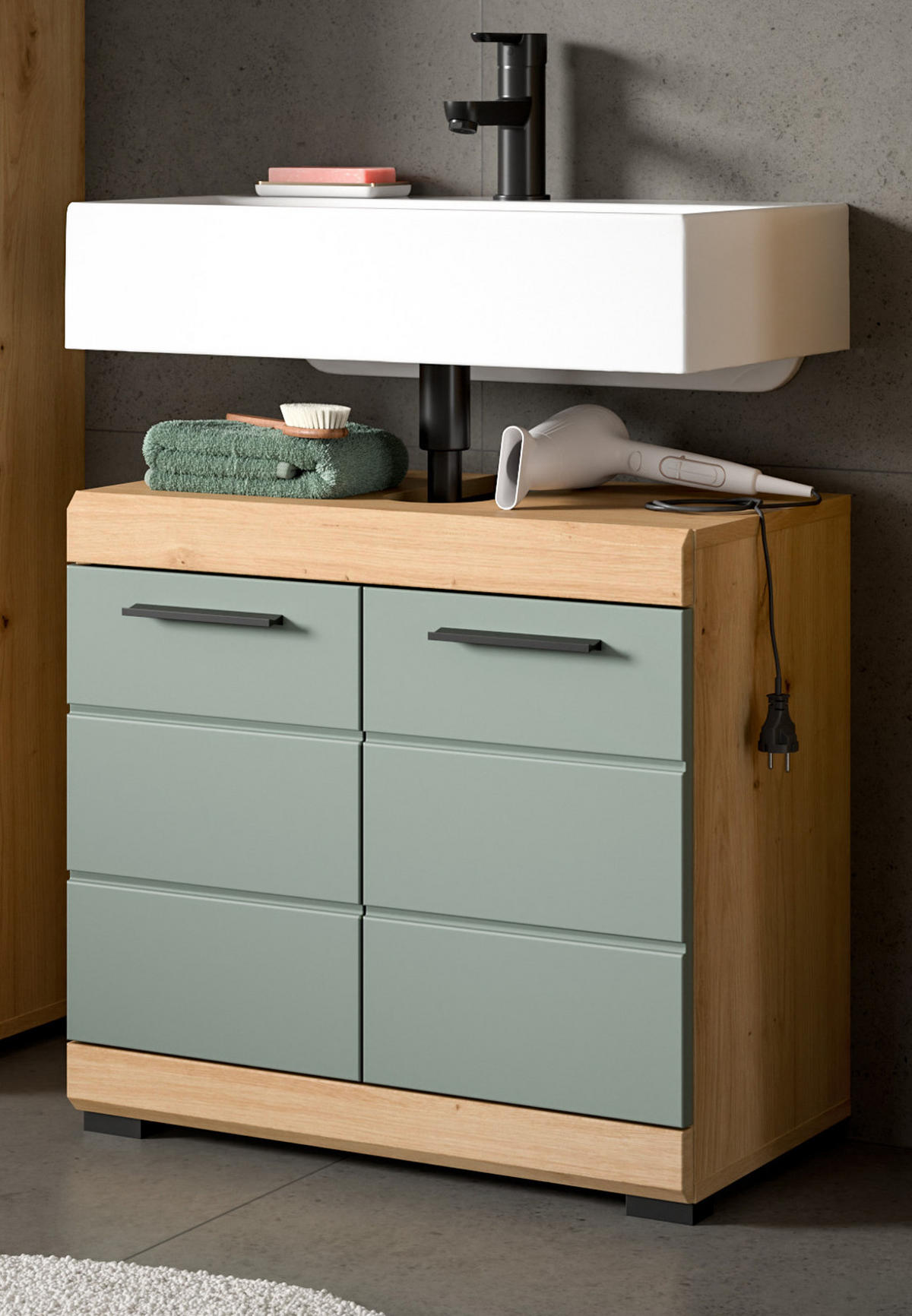 WASCHBECKENUNTERSCHRANK Salbei grün, Eiche Artisan 60 cm mit Rillenoptik - Salbeigrün/Schwarz, Holzwerkstoff/Kunststoff (60/56/34cm) - Inn.Furn