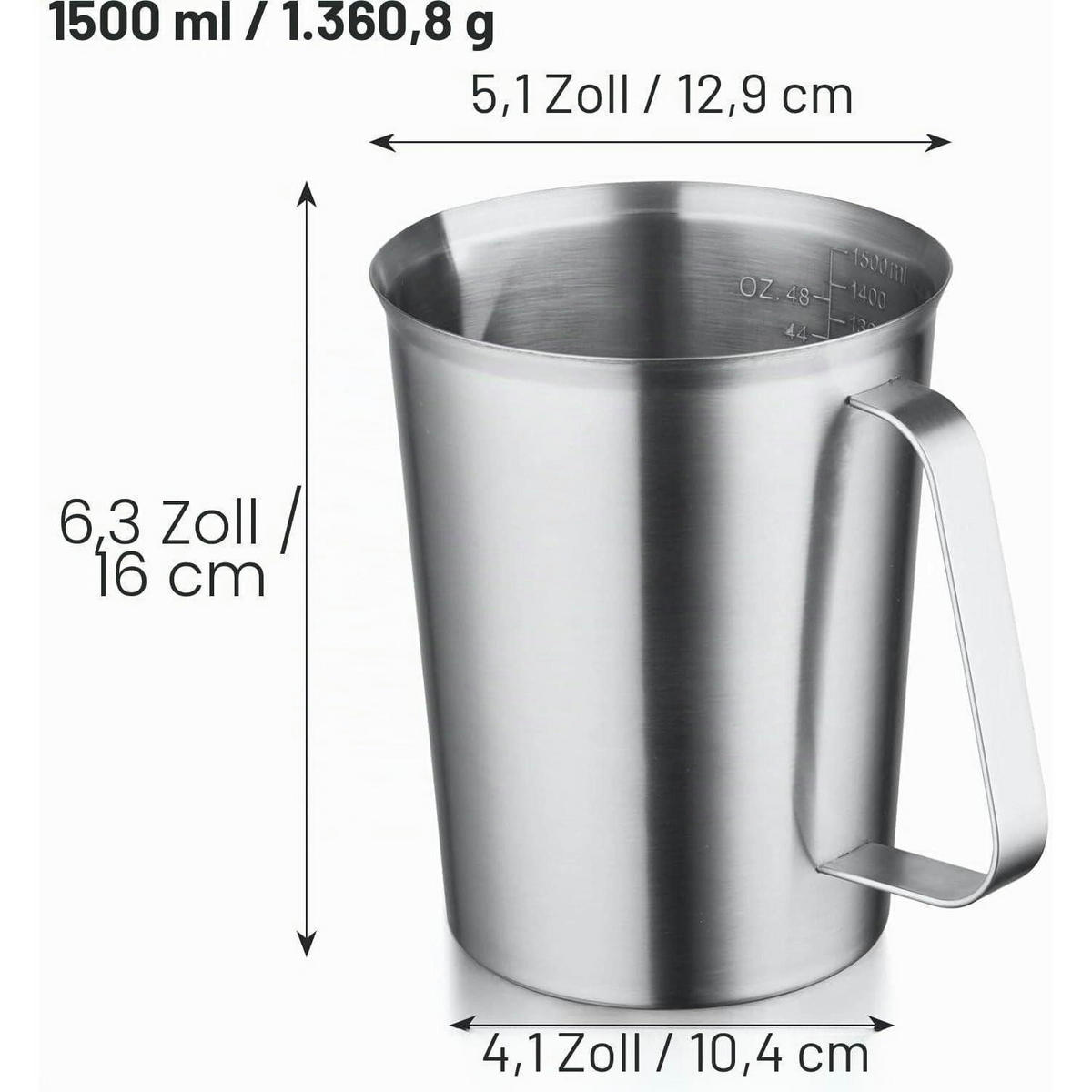 MESSBECHER Edelstahl 1500 ml mit Griff und Ausguss - Silberfarben, Metall (1.5L)
