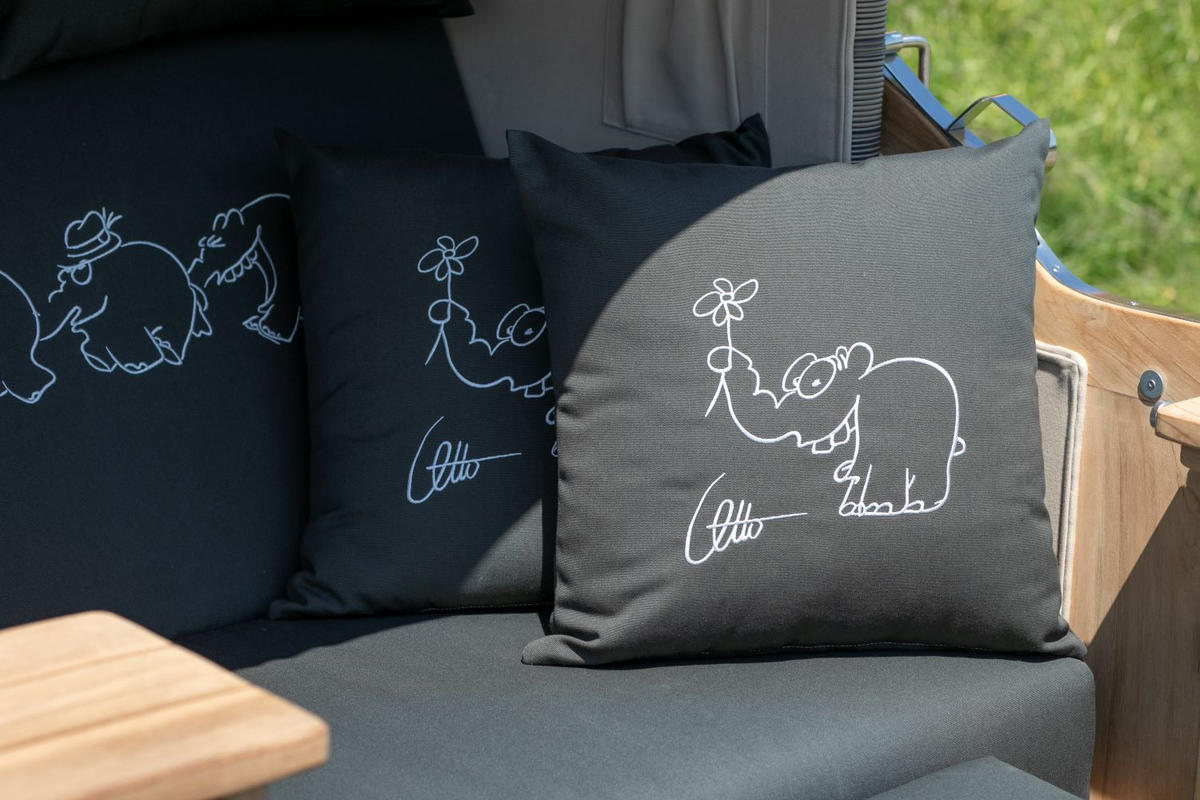 STRANDKORB Düne Bullauge Teak PE Grey Dessin Ottifant - Schwarz/Braun, Metall (125/170/80cm) - Mr. Deko