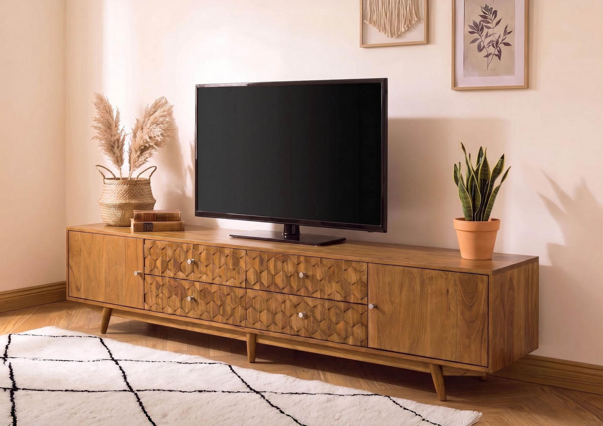 TV-BOARD Akazie 220x40x49 natur lackiert MOSAYK #120 - Naturfarben, Holz (220/49/40cm) - Massivmoebel24