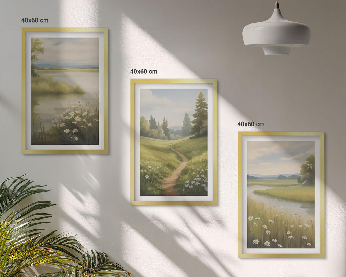 BILDER SET 3er Set - 40x60 cm Goldrahmen - Frühlingslandschaft Flusswiese - Goldfarben, Kunststoff (40/60cm) - TULUP