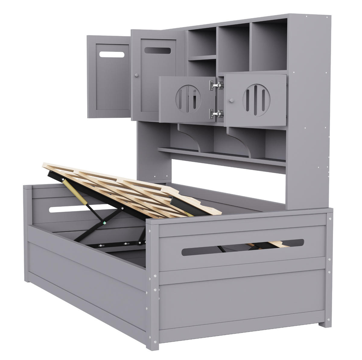 BETT 90/200 cm mit hydraulischem Bettkasten und multifunktionalem Stauraum, Grau - Grau, Holzwerkstoff (90/200cm) - Redom
