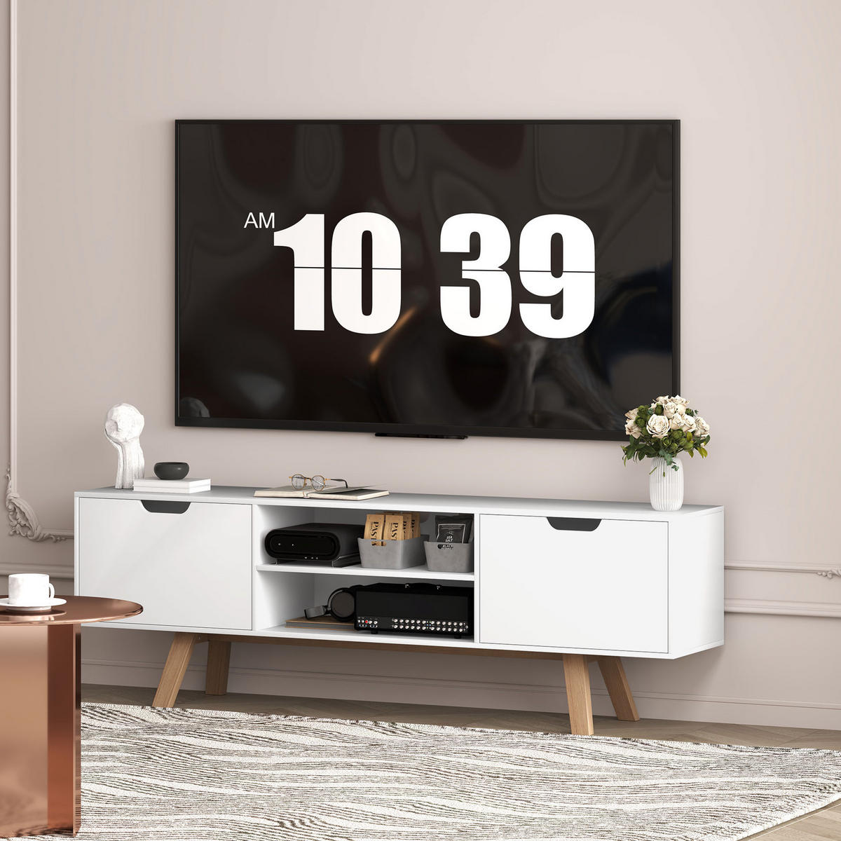 TV ormarić 150/39/50 cm bijeli od iverice s 2 ormarića i otvorenim policama - bijela, drvni materijal (150/50/39cm) - OKWISH