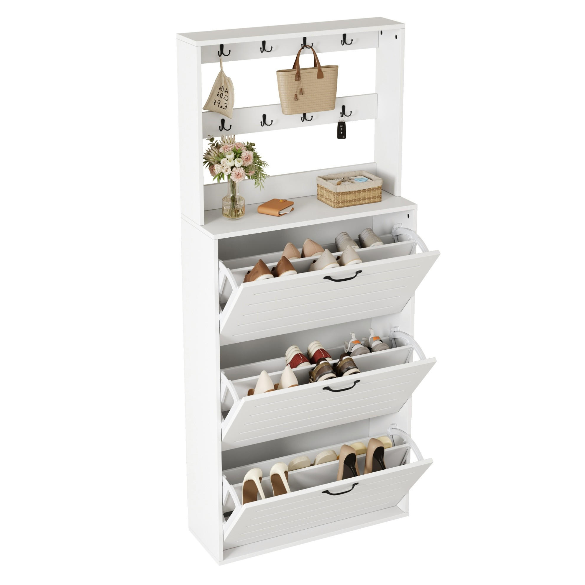 SCHUHSCHRANK 70/165/25 cm Weiß aus Spanplatte mit 8 Haken - Weiß, Holzwerkstoff (70/163/25cm) - OKMYHOME