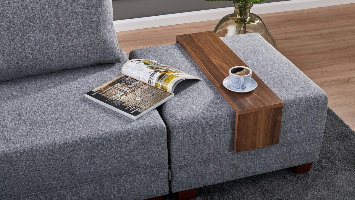 ECKSOFA mit rollbarer Schlaffunktion - Walnussfarben/Grau, Holz/Textil (280/210cm) - myHomelando
