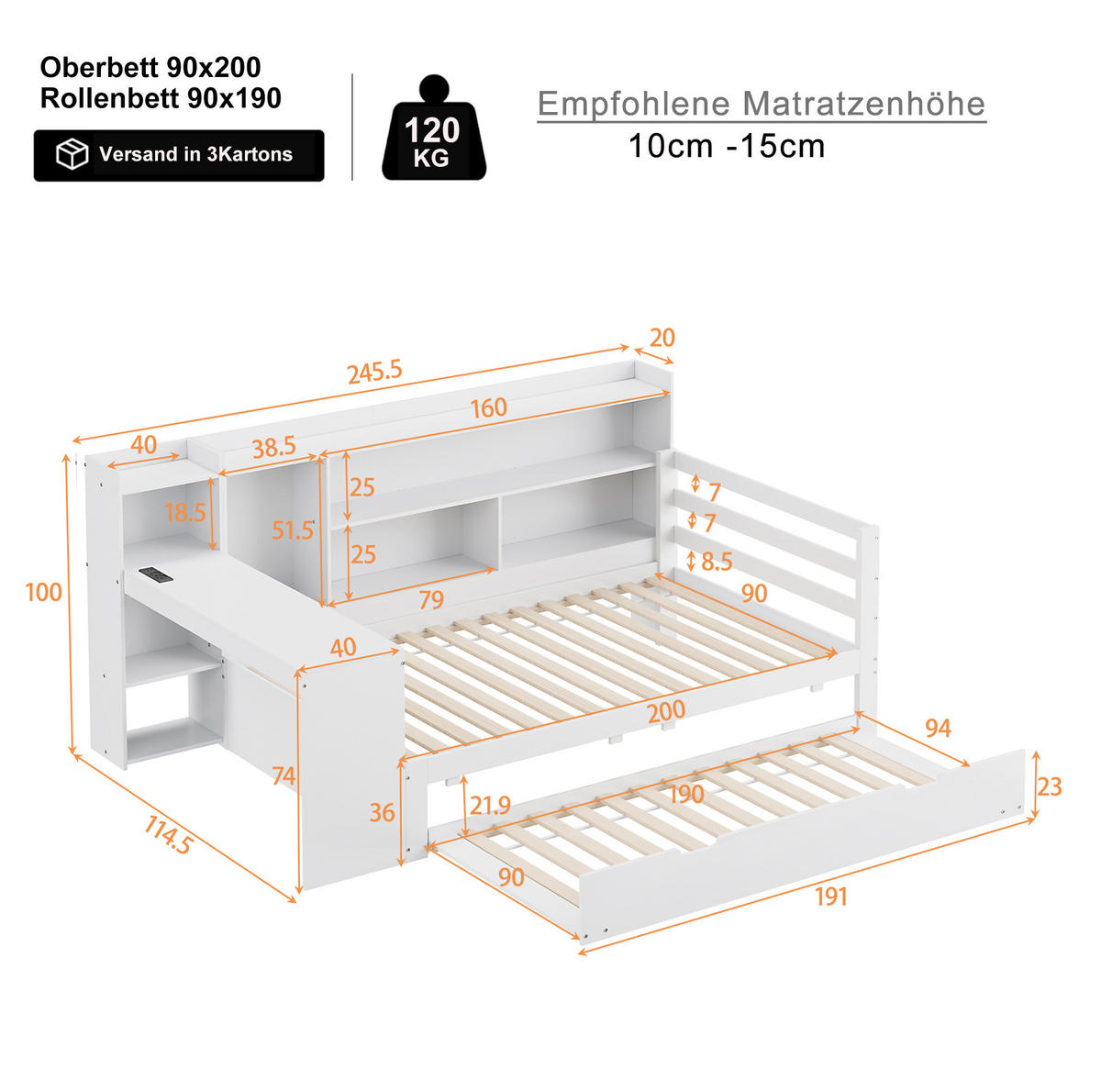 MULTIFUNKTIONSBETT 90/200 cm mit Ausziehbett, Schreibtisch, Regalen und Steckdose, Weiß - Weiß, Holzwerkstoff (90/200cm) - Redom