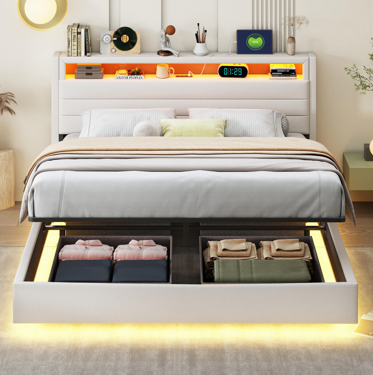 BETT mit Stauraum und LED 160x200 cm Beige - Beige, Metall (160/200cm) - Meubliv