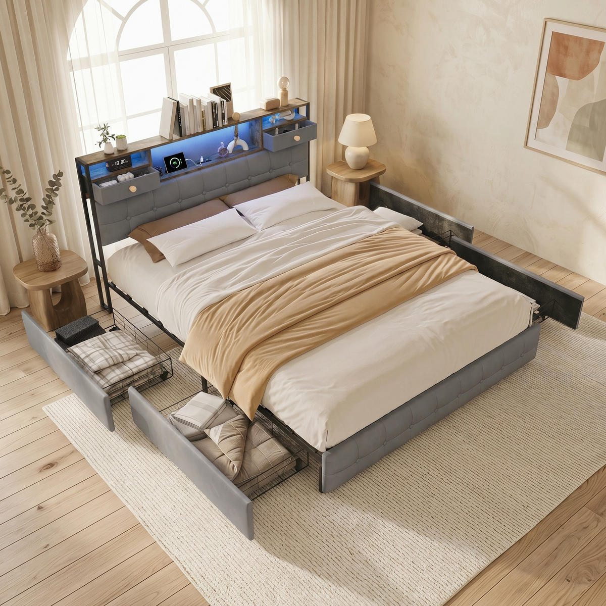 STAURAUMBETT 160/200 cm aus Samt, mit 4 seitlichen Schubladen + 2 Kopfteil-Schubladen, LED und USB-Anschluss, Grau - Grau, Textil (160/200cm) - Waldena