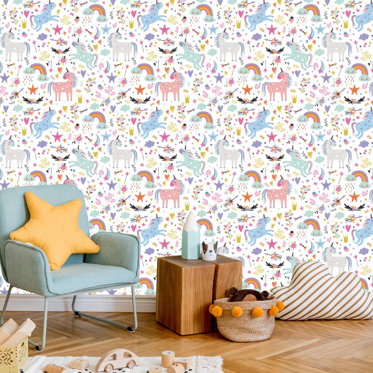 VLIESTAPETE Bunte Einhörner und Regenbogen – Bunt, Weiß – 50x1000 cm - Multicolor/Weiß, Papier (50/1000cm) - Muralo