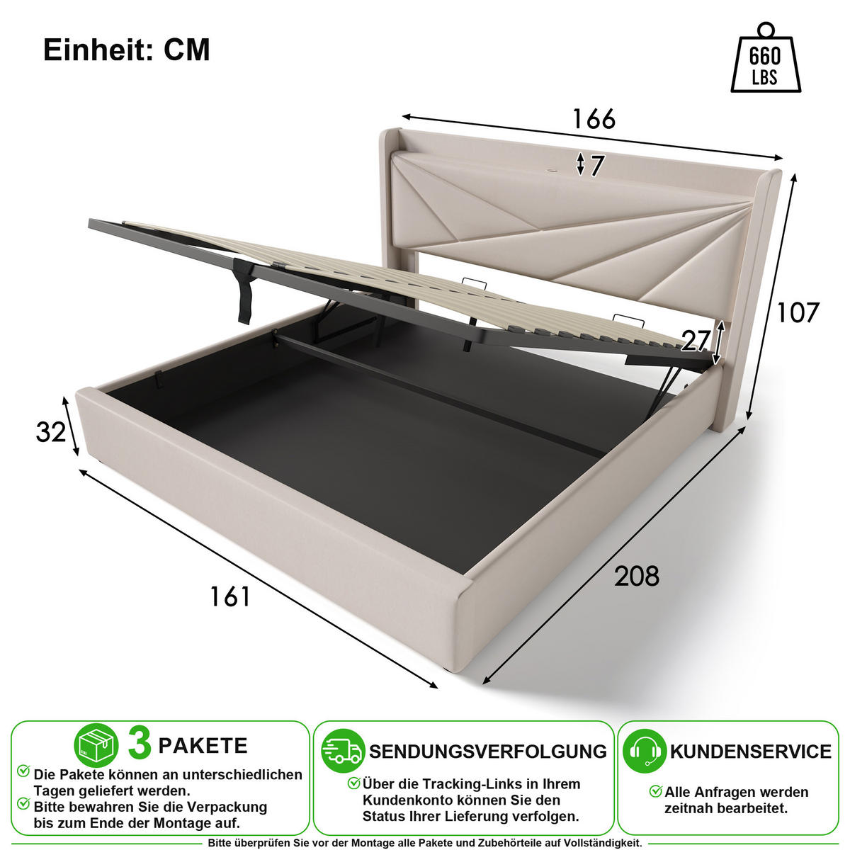 POLSTERBETT 160/200 cm in Beige Leinen mit Bettkasten, USB und Matratze - Beige, Holzwerkstoff/Textil (160/200cm) - CHICFURN