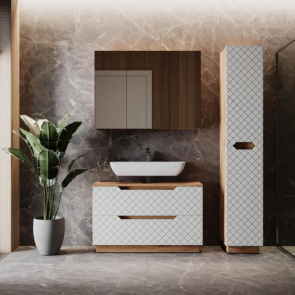 BADMÖBEL-SET Lotta Eiche/Weiß mit Kachelstruktur 3 Teile - Eichefarben/Weiß, Holzwerkstoff (99.4/62.5/32cm) - Vicco