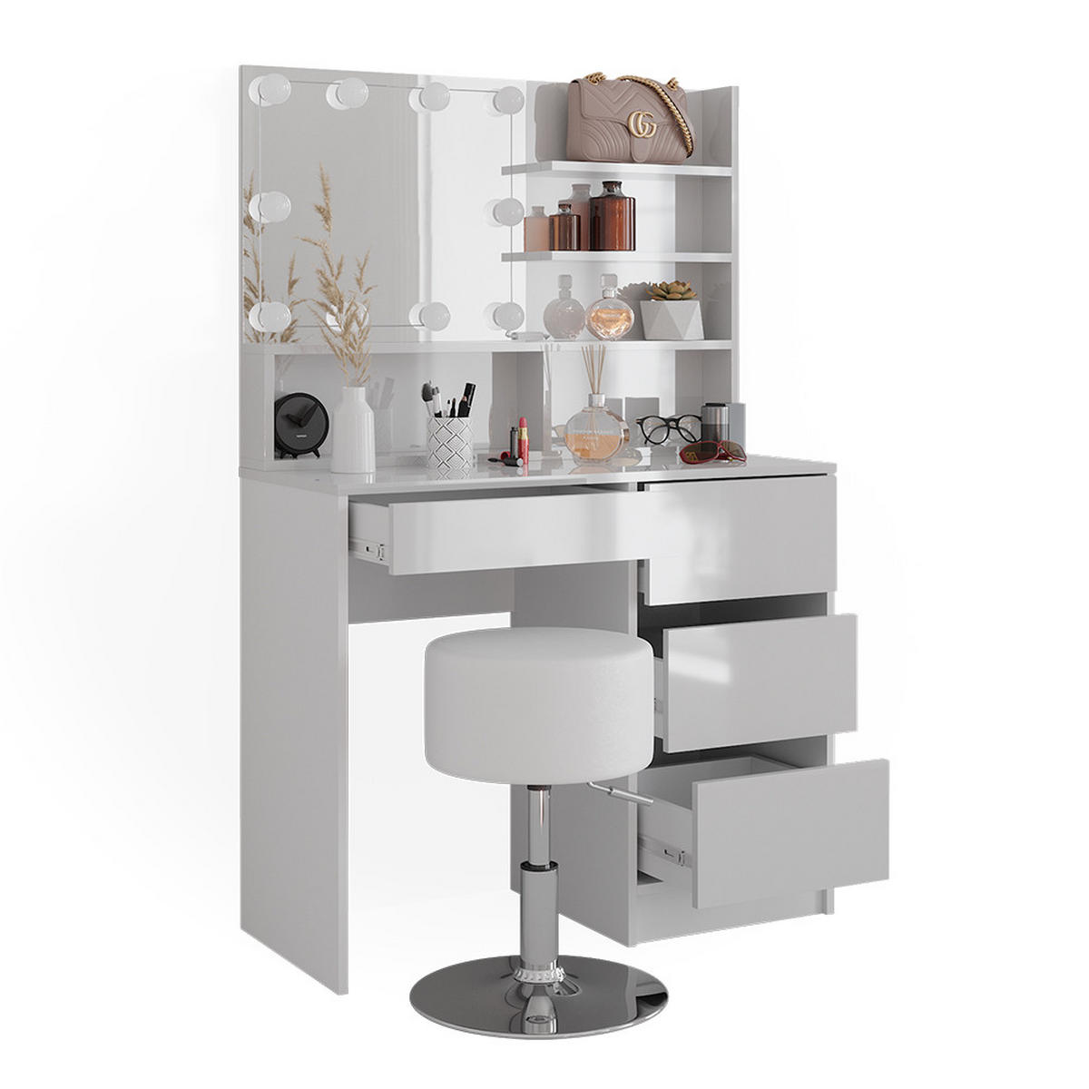 SCHMINKTISCH Sherry Weiß 140 cm mit LED Beleuchtung Hocker und Spiegelregal - Weiß, Holzwerkstoff (40/75/140cm) - Vicco